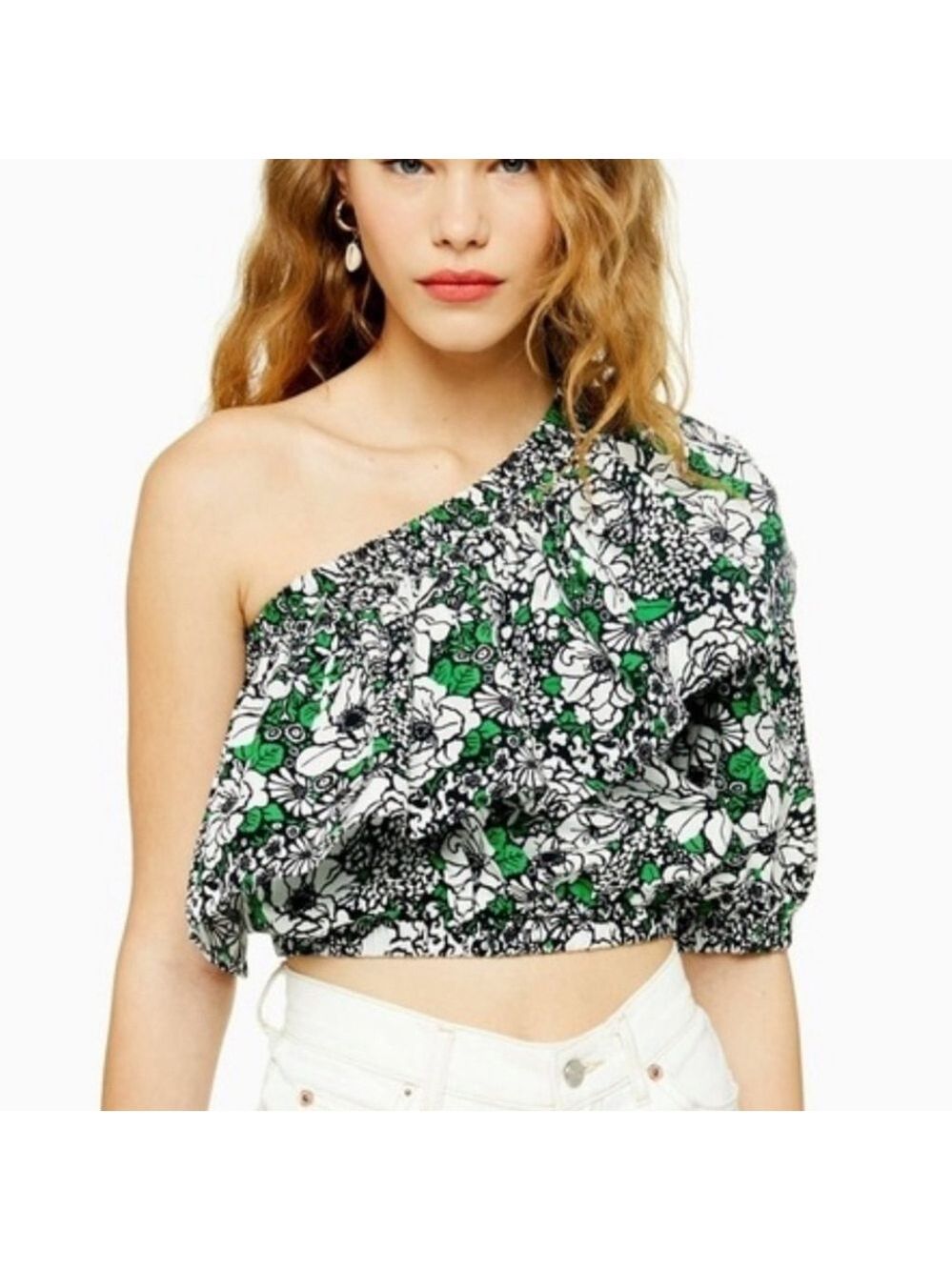 TOPSHOP women’s floral ruffle one shoulder cotton blouse Sz 8